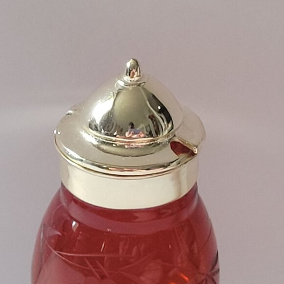 Vintage Red Glass Syrup Dispenser Condiment Jar Silver Hinged Lid Etched Floral - Picture 2 of 8